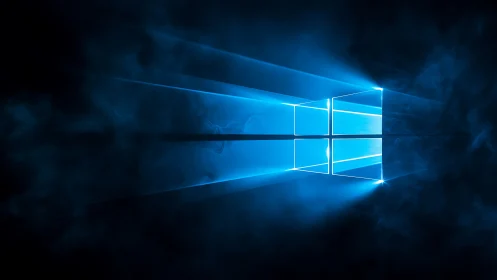 Glowing blue window logo beams through digital misty darkness.