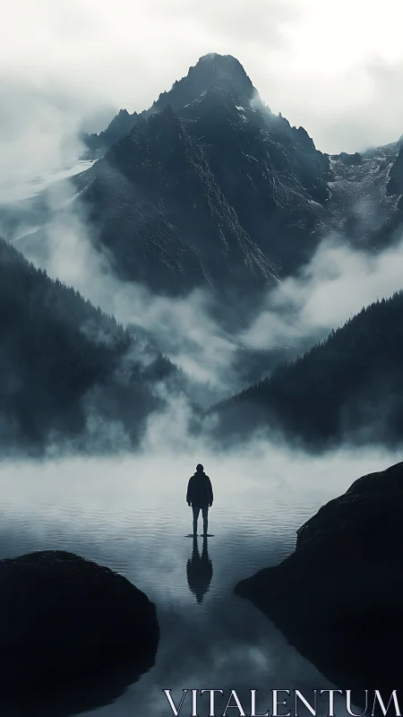 Lone wanderer pauses by misty mountain lake in soft hush.