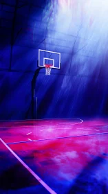 Neon twilight hoops court glowing under spectral spotlight.