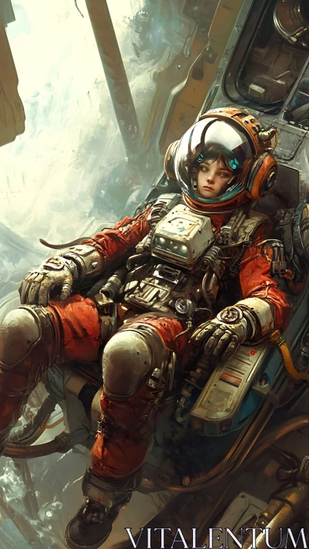 Young starfarer drifts in rusted cockpit between failing suns