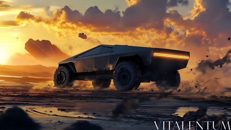 Futuristic off road truck glows against a blazing sunset sky.