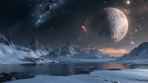 Silent icy world rests under a giant moonlit cosmic sky