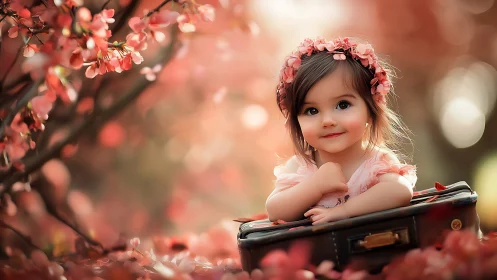 Toddler with floral headband in soft-focus outdoor scene.
