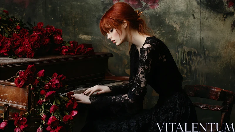 Red-haired pianist in gothic lace dress at rose-covered piano