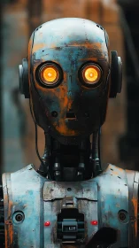 Rust-kissed sentry bot with glowing amber curiosity eyes.
