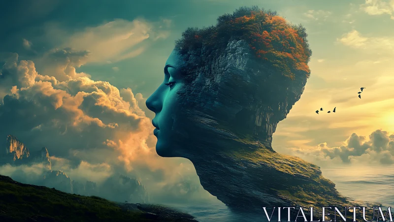Surreal coastal rock portrait merging visage and forest.