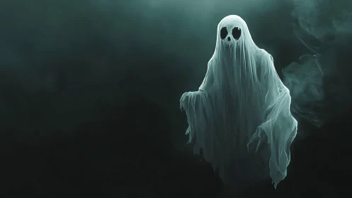 Shrouded wraith drifting through emerald midnight fog.