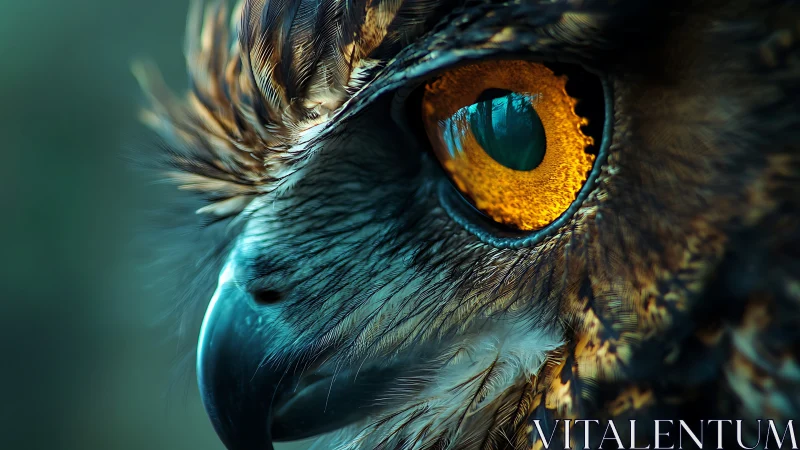 Close-up macro of owl's intense amber eye in naturalistic style.