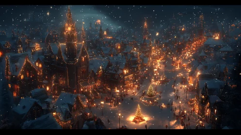 Snow-covered medieval town square under festive winter lights