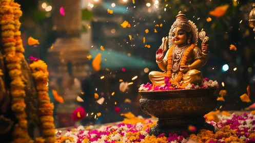 Hindu deity statue sits in a bowl amid flower petals