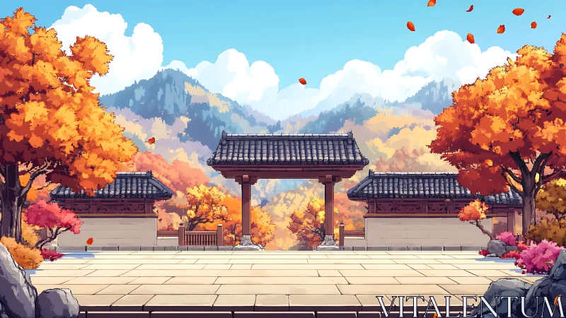 Symmetrical temple courtyard framed by tiled gate and autumn foliage