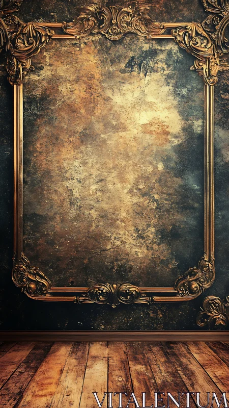 Ornate empty frame on distressed wall and wood floor.