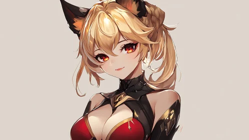 Fox-eared anime warrior in red and black tactical armor.