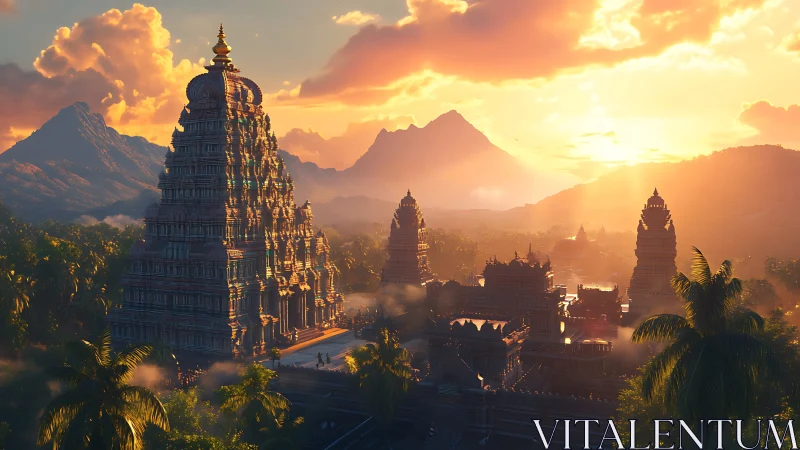 Golden sunset bathes ancient temple city in ethereal light.