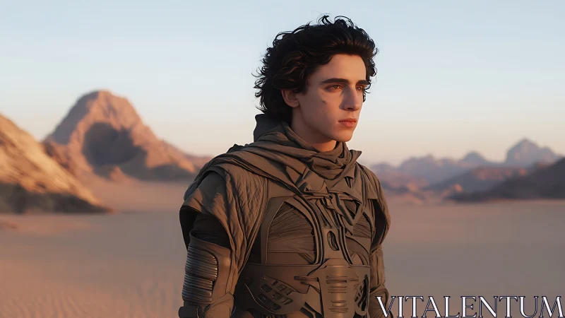 Photorealistic desert portrait in tactical exosuit attire.