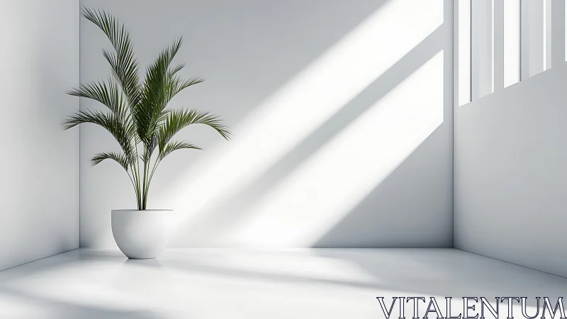 Sunlit palm drifts through a quiet white minimal corner.