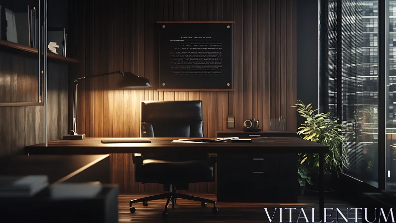 Modern executive office with wood panel walls and desk.