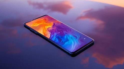 Sleek smartphone floating above vivid twilight reflections.