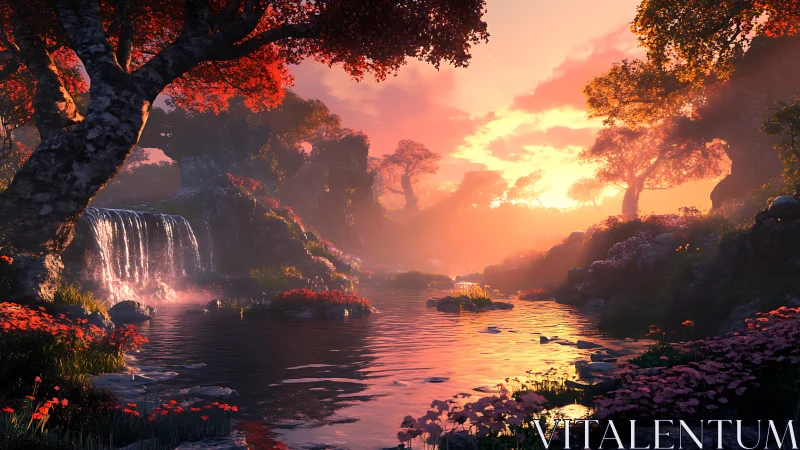 Sunset waterfall in dense forest with reflective river scene.