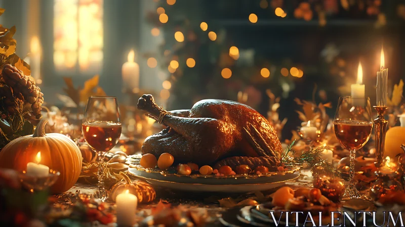 Roasted whole turkey on decorated autumn dining table.