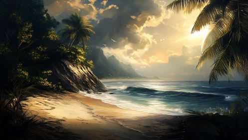 Tropical Beach at Sunset with Mountain and Palm Trees.