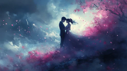Couple kissing amid pink cherry blossoms and mountain landscape