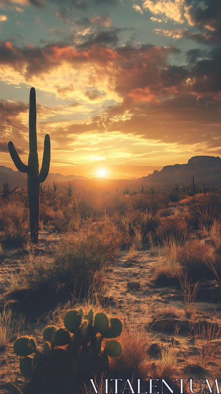 Sunlit desert sentinels under a blazing painted sky.