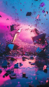 Shattered neon horizon over dreamlike reflective waters.