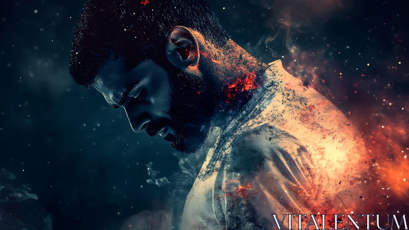 Ember crowned silhouette bowed in storm of inner fire.