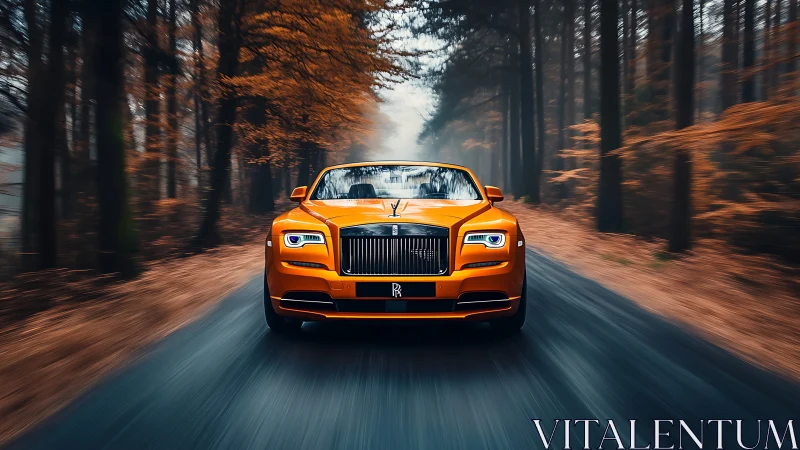 Orange luxury coupe drives through blurred autumn forest road