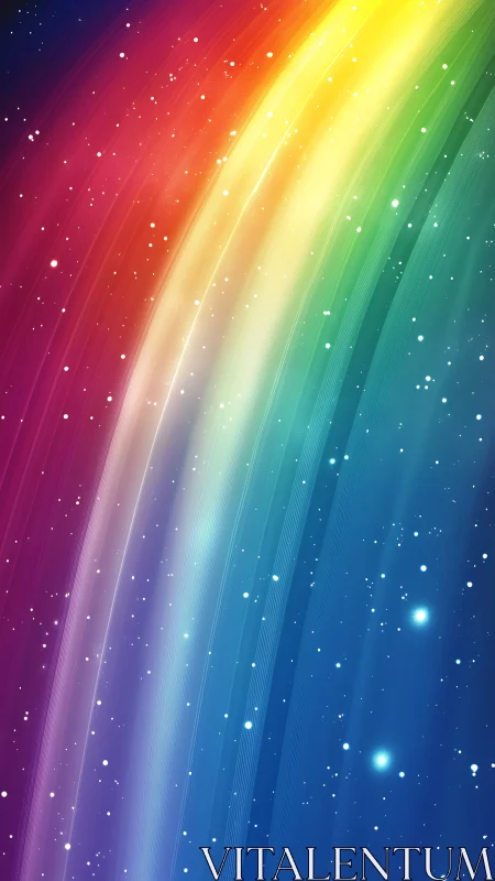Radiant rainbow arc sweeps across a glowing starfield sky.