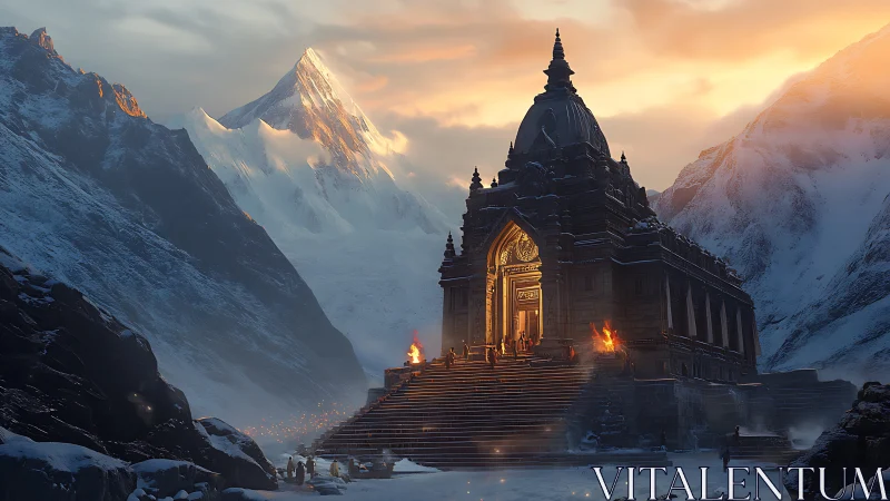 Ancient mountain temple glows against snowy twilight peaks.