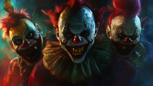 Grim trio of sinister clowns in saturated colored light.