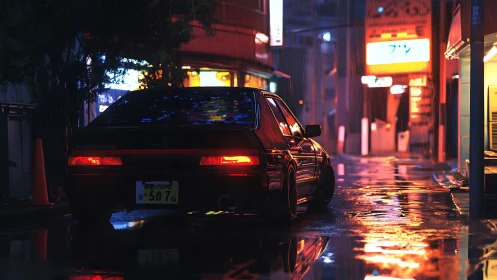 Retro hatchback in neonlit Japanese alley under heavy rain