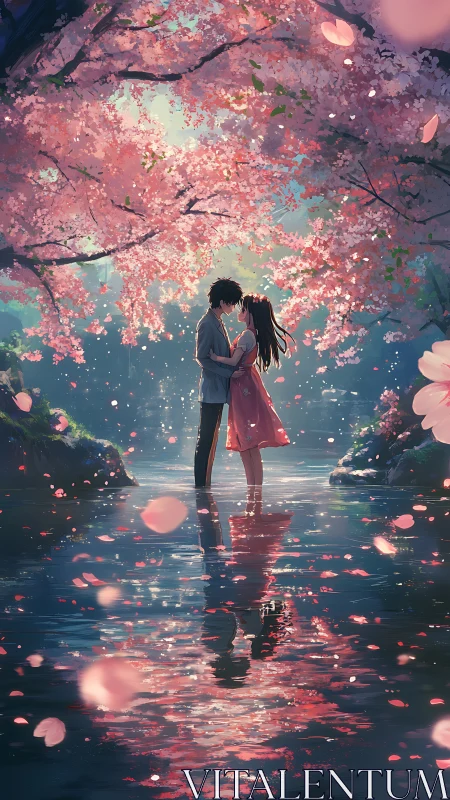 Lovers share a quiet embrace beneath glowing cherry blossoms