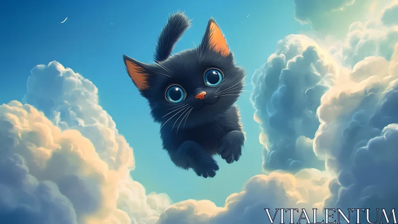 Whimsical Black Cat Suspended Among Cumulus Clouds.
