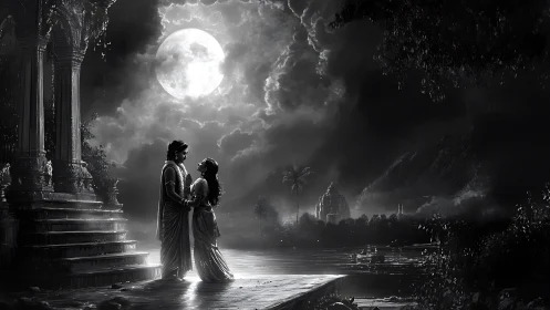 Moonlit Romance: Ancient Temple Embraces Night's Mystery.