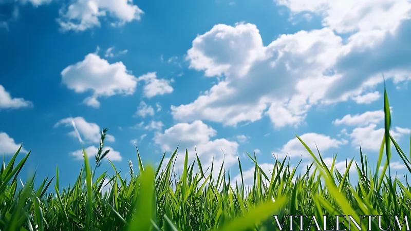 Lush green grass and clouds under bright blue sky, nature close-up.
