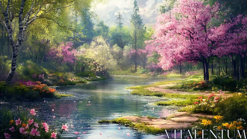 Spring forest river with cherry blossom trees in bloom.