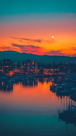 Harbor waterfront skyline under vivid sunset and moonlit sky.