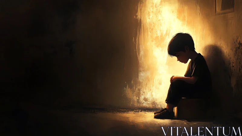 Solitary child seated in dim interior against lit wall.