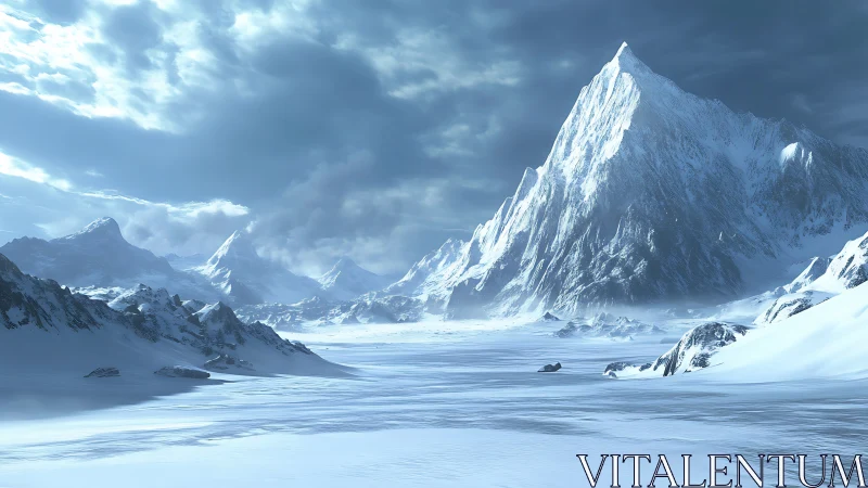 Glaciated alpine massif under turbulent polar skyscape.