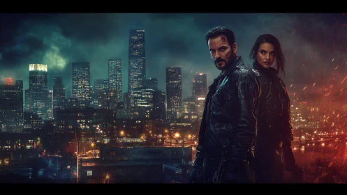 Armed vigilantes stand in rain against neon city skyline