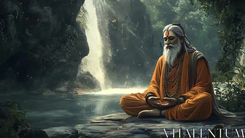 Meditating sage sits cross legged beside waterfall in forest