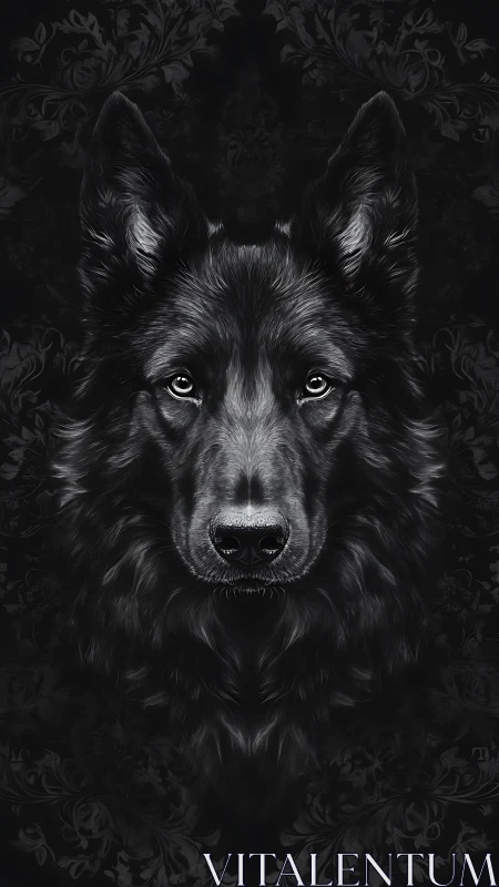 Black shepherd portrait against dark ornamental backdrop.