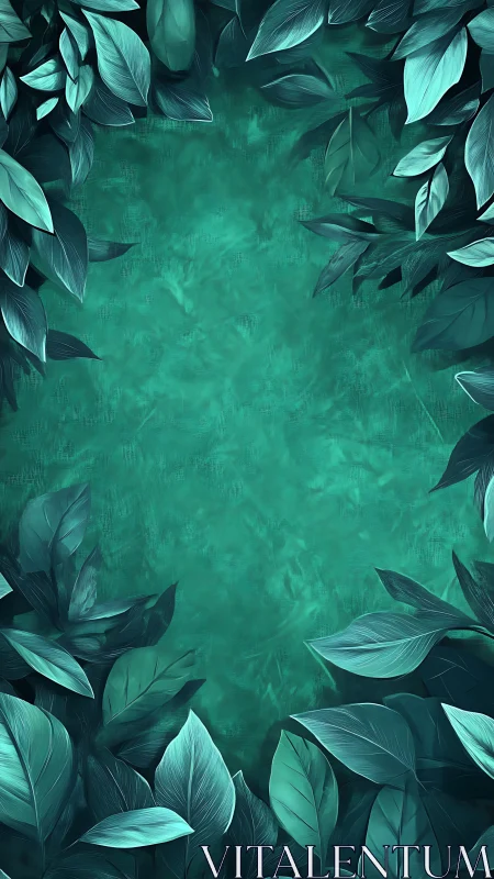 Teal botanical frame with stylized foliage on textured ground