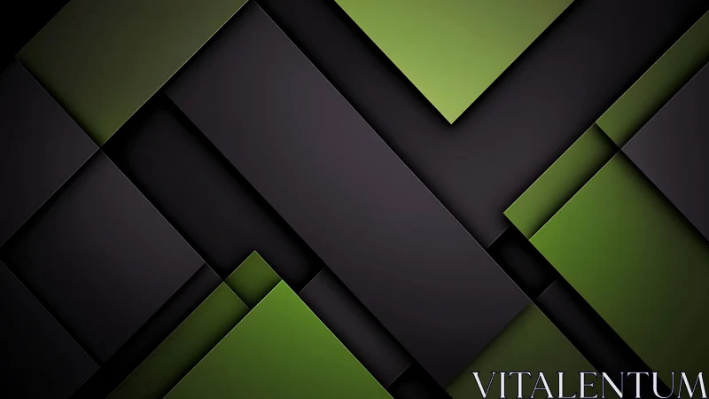 Green and black layered geometric panels create depth