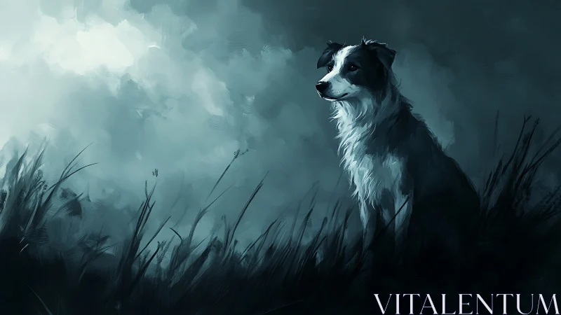 Solitary border collie in moody moonlit field at dusk.