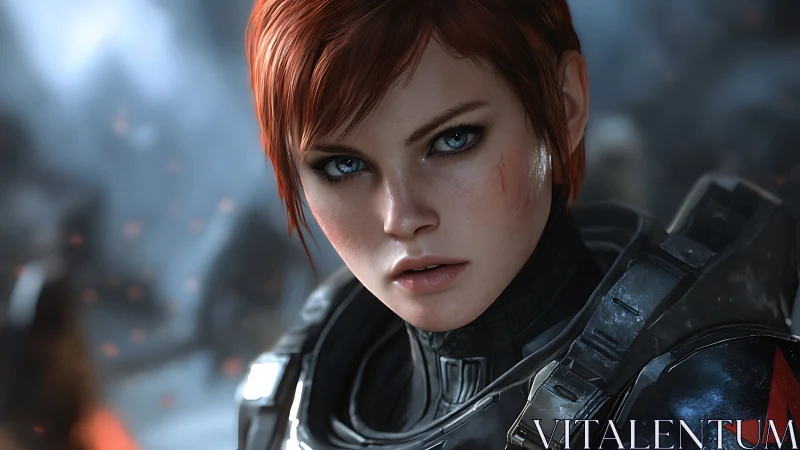 Battle-worn female soldier stares forward in sci-fi armor