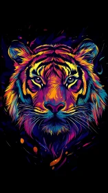 Multicolor frontal tiger portrait on black background.